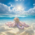 On the seabed, an underwater photo shows a tan octopus with curled tentacles Royalty Free Stock Photo