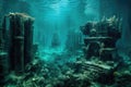 seabed view of a submerged city with mysterious aura