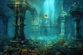 seabed view of a submerged city with mysterious aura