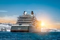 Seabourn Expedition cruise ship in Antarctica at sunset. Royalty Free Stock Photo