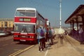 Red and White double decker Leyland Olympian preserved bus at bus stop