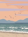 Seacoast Landscape with Sea Waves, Mountains and Flying Birds