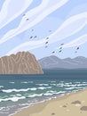 Seacoast Landscape with Sea Waves, Mountains, Island and Flying Birds