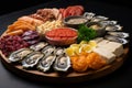 Seacuterie platter - elegant seafood with oysters, cheese, fish, and meat on wooden board