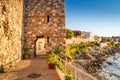 Seaside landscape - fortress wall and tower in the city of Sozopol Royalty Free Stock Photo