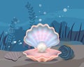 Seafloor, undersea, seabed with huge shell and pearl. Underwater ocean fauna, bottom of sea