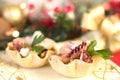 Seafood appetizer inside bread basket on Christmas table Royalty Free Stock Photo