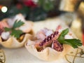 Seafood appetizer inside bread basket on Christmas table Royalty Free Stock Photo