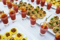 Seafood appetizer of shrimp and tomato sauce in a glass on a table. Royalty Free Stock Photo