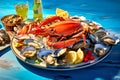 Seafood assortment with prepared crab, fresh oysters and lemon slices on dish. Trendy concept environmental menu on