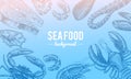 Seafood background. Crustaceans, shrimp, lobster or crayfish, crab with claws. River and lake or sea creatures