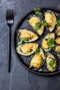 Seafood. Baked mussels with cheese and lemon in shells Royalty Free Stock Photo