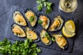 Seafood. Baked mussels with cheese and lemon in shells Royalty Free Stock Photo