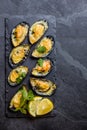 Seafood. Baked mussels with cheese and lemon in shells Royalty Free Stock Photo