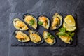 Seafood. Baked mussels with cheese and lemon in shells Royalty Free Stock Photo