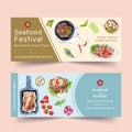 Seafood banner design with crayfish, crab illustration watercolor