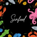 Seafood banner design. Sea food colored line sketch. Marine delicacy menu illustration. Fishes, lobster, squid, octopus