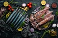 Seafood banner. Raw Saury fish and squid. Royalty Free Stock Photo