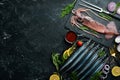 Seafood banner. Raw Saury fish and squid. Royalty Free Stock Photo