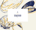 Seafood banner set. Hand drawn mussels , oyster. Vector restaurant menu. Marine food banner, flyer design. Engraved