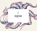 Seafood banner set. Hand drawn octopus. Vector restaurant menu. Marine food banner, flyer design. Engraved isolated art