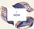 Seafood banner set. Hand drawn salmon fillet. Vector restaurant menu. Marine food banner, flyer design. Engraved