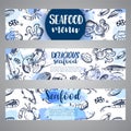 Seafood banner template set. Hand drawn vector illustrations. Ocean fish in engraved style. Sketch of crab, lobster Royalty Free Stock Photo