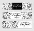 Seafood banner vector template set. Hand drawn illustration. Crab, lobster, shrimp, oyster, mussel, Royalty Free Stock Photo