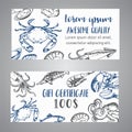 Seafood banner vector template set. Hand drawn vector illustrations. Gift certificate. Sketch of crab, lobster, shrimp Royalty Free Stock Photo