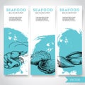 Seafood banner with watercolor blue background and hand drawn food. Sketch fresh shrimp, oysters and mussel shell. Restaurant and