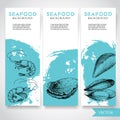 Seafood banner with watercolor blue background and hand drawn food. Sketch fresh shrimp, oysters and mussel shell. Restaurant and