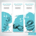Seafood banner with watercolor blue background and hand drawn food. Sketch prepared shrimp on bamboo stick, oysters and mussel she