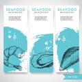 Seafood banner with watercolor blue background and hand drawn food. Sketch prepared shrimp, oyster and mussel shell. restaurant an