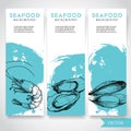 Seafood banner with watercolor blue background and hand drawn food. Sketch prepared shrimp, oysters and mussel shell. Restaurant a