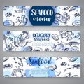 Seafood Banners Hand Drawn Vector Illustrations. Lake Fish In Line Art Style. Vector Sea And Ocean Creatures For Seafood
