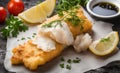 Battered cod with herbs and lemon garnish, AI Generated Royalty Free Stock Photo