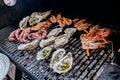 Seafood BBQ  barbecue. Collection of octopus, oysters, clam, tiger shrimps grilled on grill Royalty Free Stock Photo