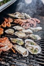 Seafood BBQ  barbecue. Collection of octopus, oysters, clam, tiger shrimps grilled on grill Royalty Free Stock Photo