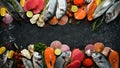 Seafood on a black stone background: salmon, tuna, caviar, oysters, dorado fish and shellfish on a blue wooden background. Royalty Free Stock Photo