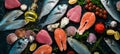 Seafood on a black stone background: salmon, tuna, caviar, oysters, dorado fish and shellfish on a blue wooden background. Royalty Free Stock Photo