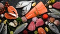 Seafood on a black stone background: salmon, tuna, caviar, oysters, dorado fish and shellfish on a blue wooden background. Seafood Royalty Free Stock Photo