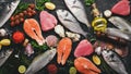 Seafood on a black stone background: salmon, tuna, caviar, oysters, dorado fish and shellfish on a blue wooden background. Seafood Royalty Free Stock Photo