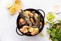 Seafood boil ingredients ready for cooking, overhead view