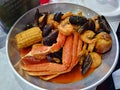 Seafood Boil crab legs shrimp and mussels Royalty Free Stock Photo