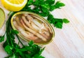 Canned ensis with lemon and greens Royalty Free Stock Photo