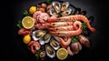 Seafood charcuterie platter board with shrimp, oysters, fish and octopus on black background