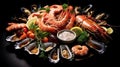 Seafood charcuterie platter board with shrimp, oysters, fish and octopus on black background