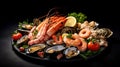 Seafood charcuterie platter board with shrimp, oysters, fish and octopus on black background
