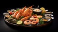 Seafood charcuterie platter board with shrimp, oysters, fish and octopus on black background