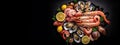 Seafood charcuterie platter board with shrimp, oysters, fish and octopus on black background